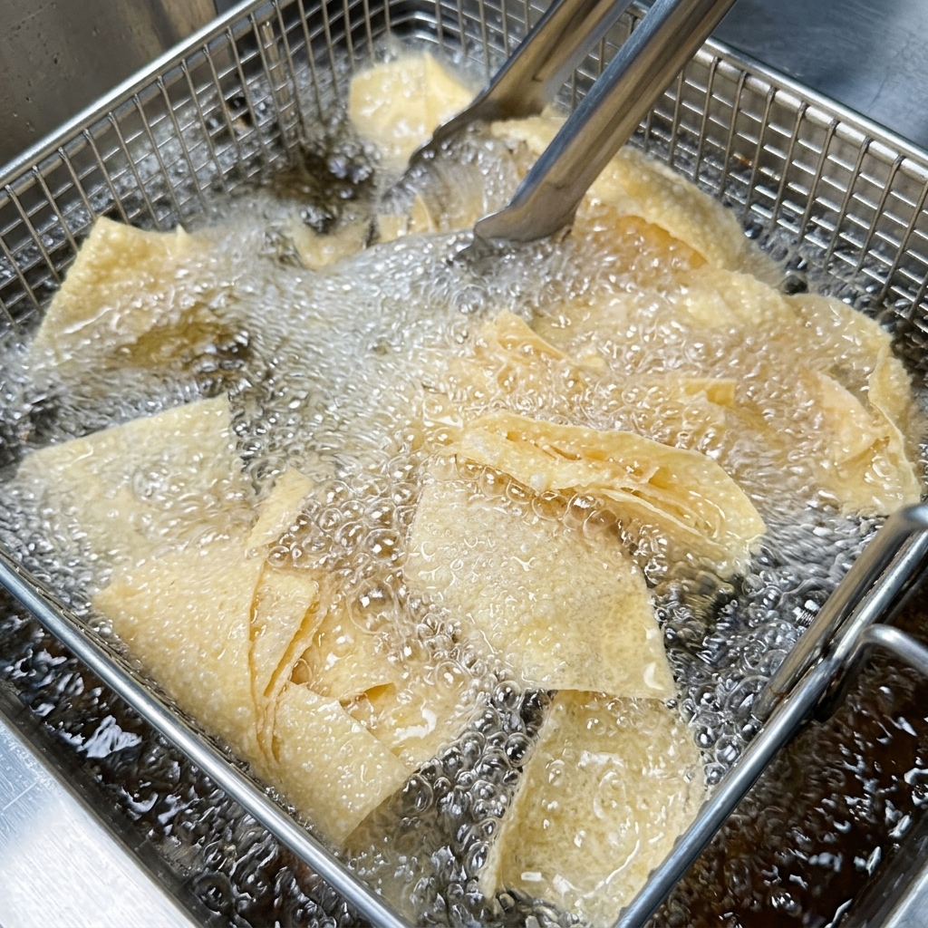 Des chips de tortilla plongées dans de lhuile bouillante à lintérieur dune friteuse en acier inoxydable.