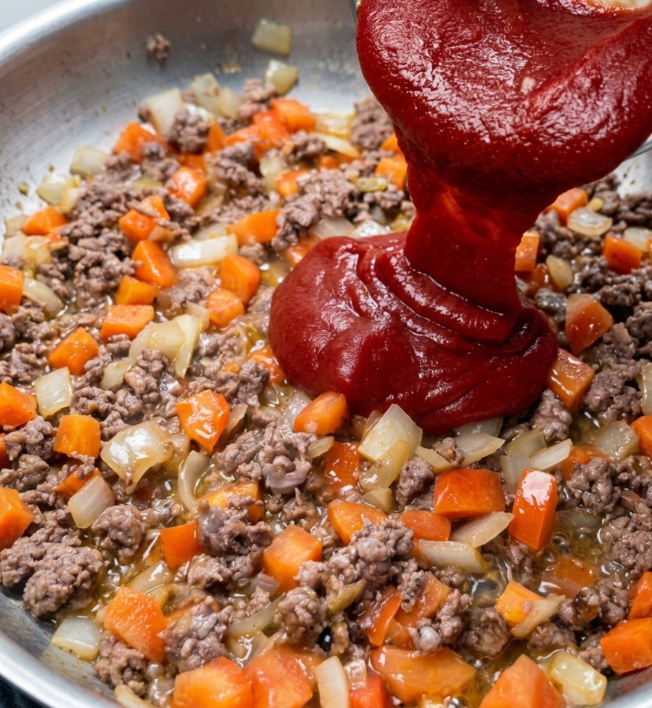 Un filet de coulis de tomate épais et rouge vif versé sur un mélange de bœuf haché doré, doignons et de tomates dans une poêle.