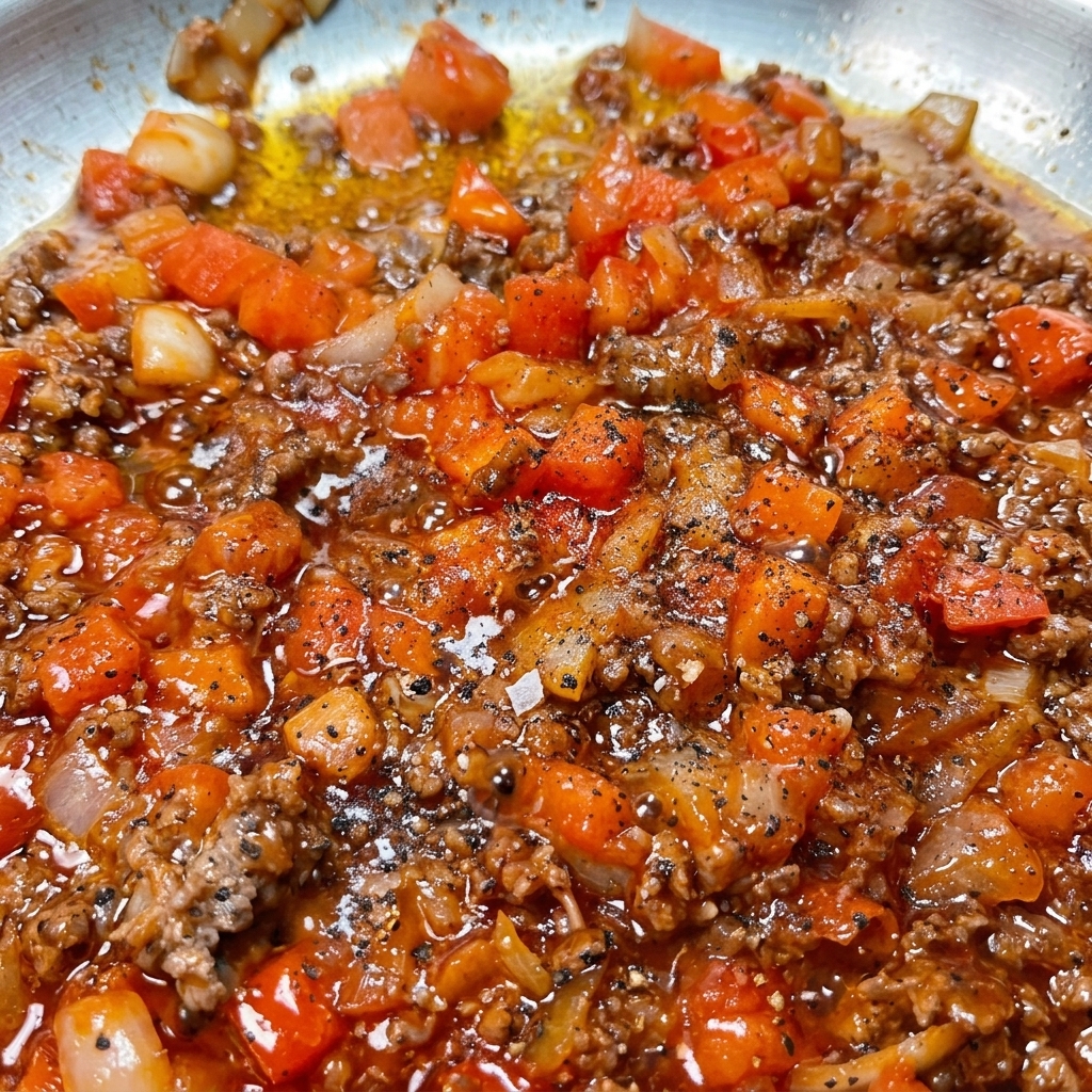 Du poivre noir fraîchement moulu sur une sauce à la viande mijotante garnie de tomates en dés et doignons.