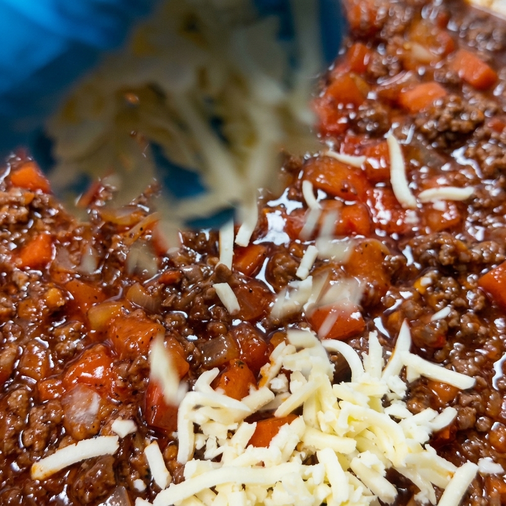 De la mozzarella râpée parsemée sur une riche sauce à la viande rouge dans une poêle en acier inoxydable.