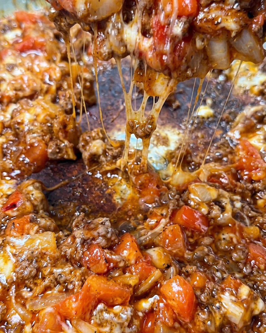 Gros plan dune grande cuillère soulevant une portion de sauce à la viande rougeoyante, avec dépais fils blancs de mozzarella fondue sétirant vers le bas.