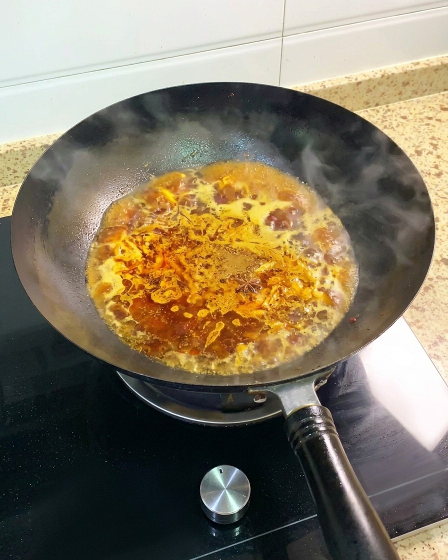 La base de soupe épicée qui mijote et bouillonne dans le wok avec de la vapeur séchappant de la surface.