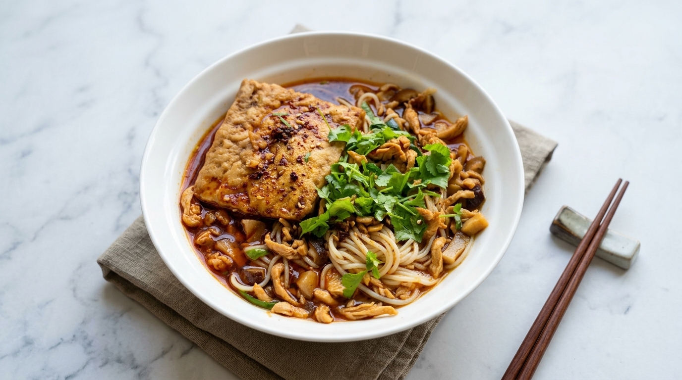 Nouilles au Poulet Effiloché Épicé et Tofu Mijoté (Ji Si Mian)