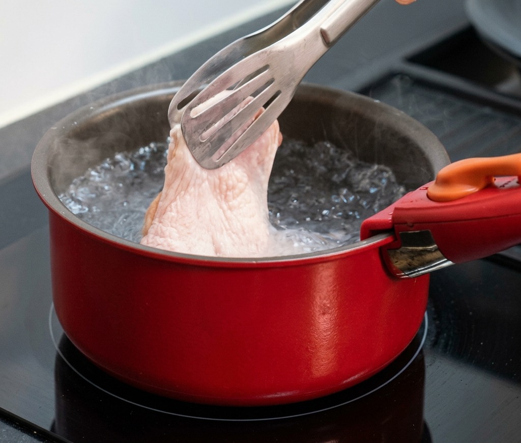 Une main utilisant des pinces métalliques pour plonger un haut de cuisse de poulet cru dans une casserole rouge deau bouillante sur une plaque à induction.