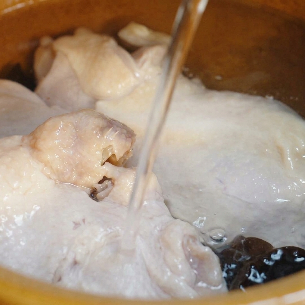 Gros plan sur un filet deau claire versé sur les hauts de cuisse de poulet blanchis dans une marmite en céramique.