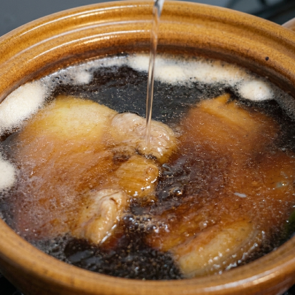 Un trait de vin de riz transparent versé dans une marmite en céramique contenant des morceaux de poulet et un bouillon à base de sauce soja.