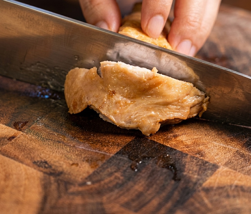 Une personne utilisant un couteau de chef pour couper un haut de cuisse de poulet cuit en fines lanières sur une planche à découper en bois sombre.