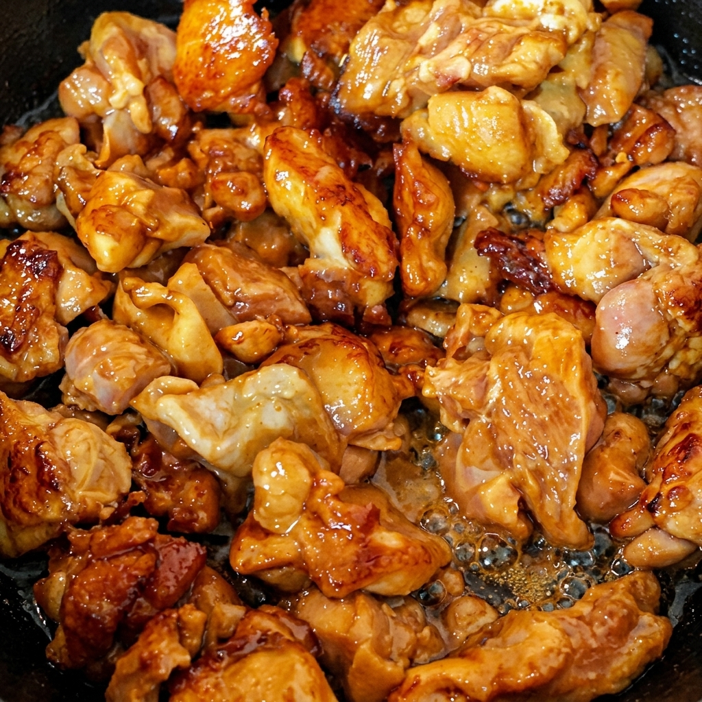 Gros plan de morceaux de hauts de cuisse de poulet caramélisés et dorés crépitant dans un wok chaud avec de la vapeur et des bulles dhuile visibles.