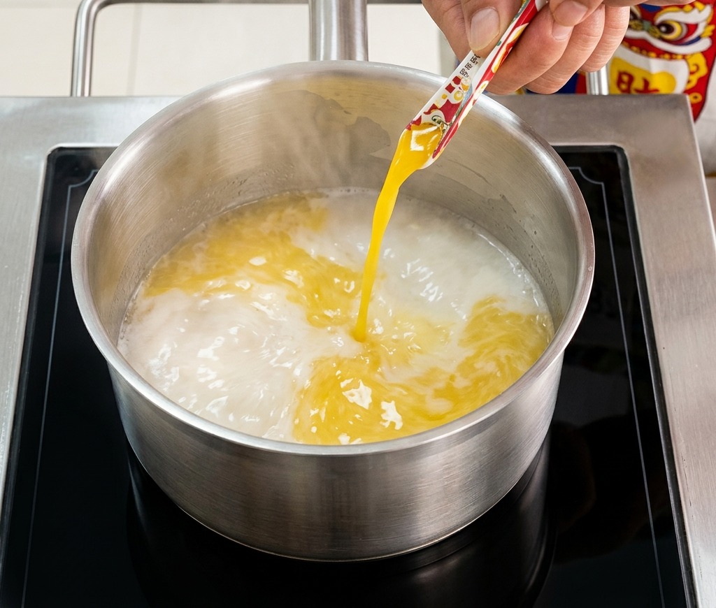 Une personne versant un sachet dassaisonnement pour bouillon de poulet doré dans une casserole en inox deau bouillante sur une plaque à induction.