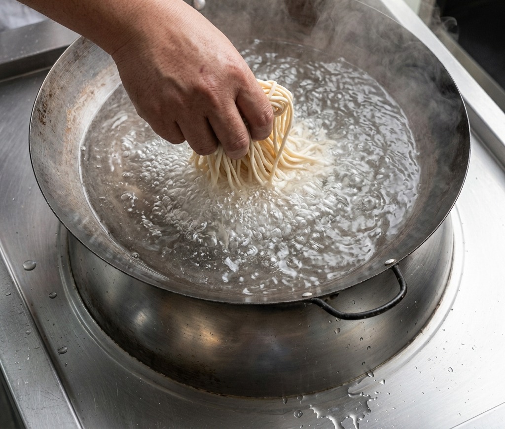 Une main déposant un nid de nouilles de blé fines et sèches dans un grand wok deau bouillante.
