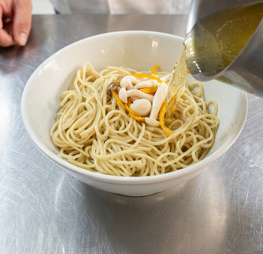 Bouillon de poulet doré, champignons et fleurs de cordyceps versés depuis une casserole en inox dans un bol de nouilles.