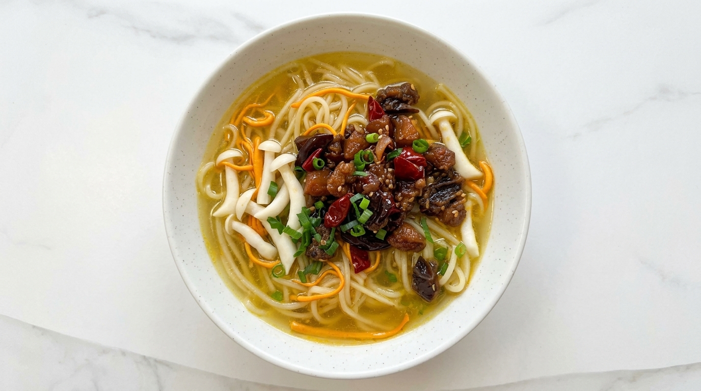 Nouilles en Bouillon de Poulet Épicé aux Cordyceps et Champignons