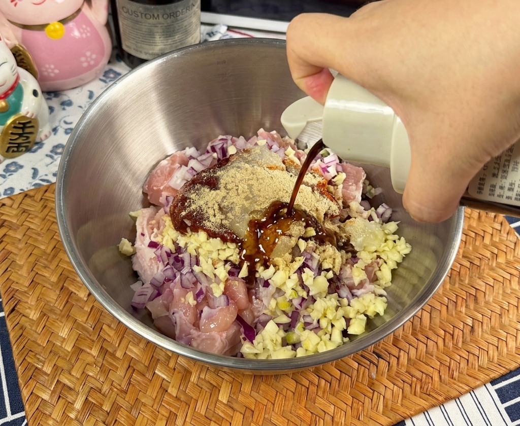 Une main versant de la sauce soja claire depuis une bouteille blanche dans un saladier en inox contenant des morceaux de poulet cru, des oignons rouges émincés et une cuillerée de pâte de piment coréenne.