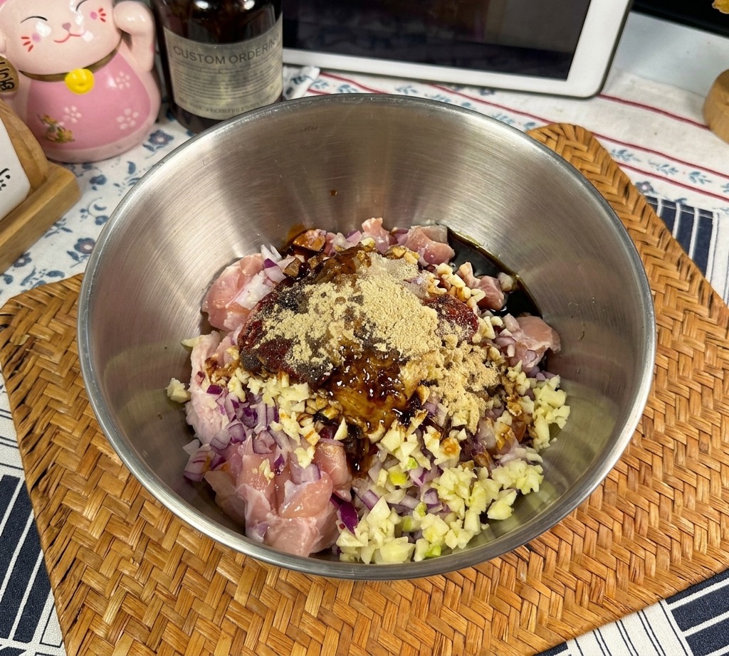 De la sauce dhuître épaisse et sombre versée depuis une bouteille dans un bol de poulet mariné et dépices.
