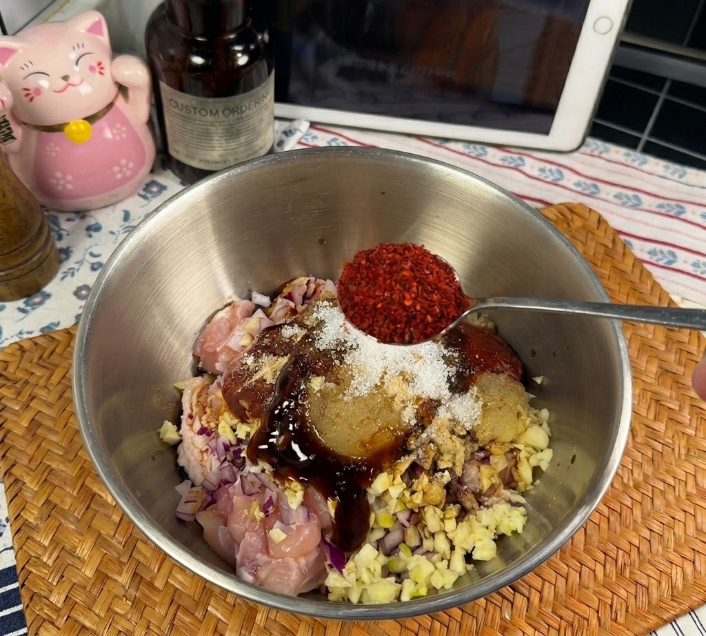Une cuillère en métal ajoutant de la poudre de piment rouge vif dans le saladier contenant le poulet et les autres ingrédients de lassaisonnement.