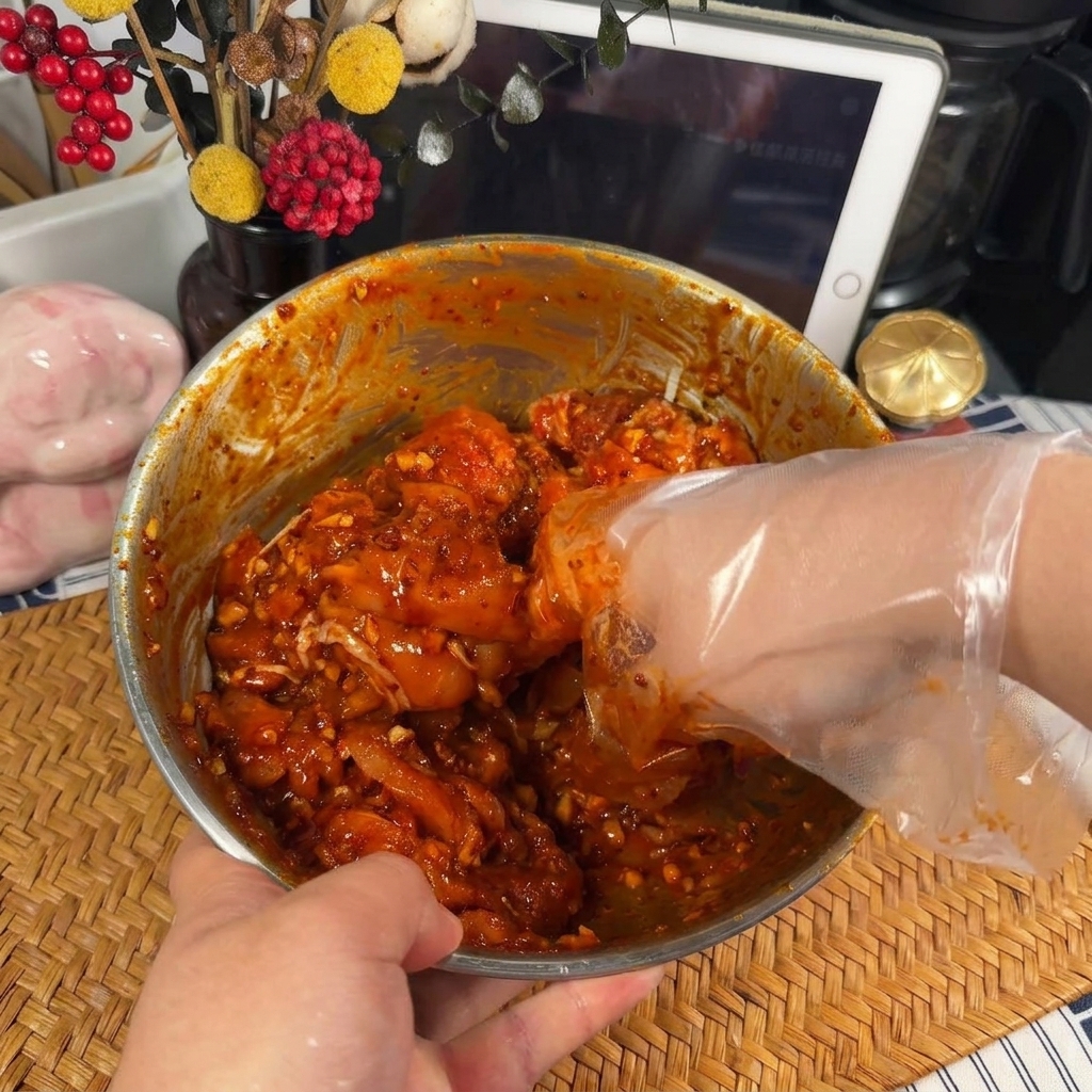 Une main portant un gant en plastique transparent mélangeant des morceaux de poulet cru avec une marinade piquante, rouge et épaisse dans un saladier en métal.