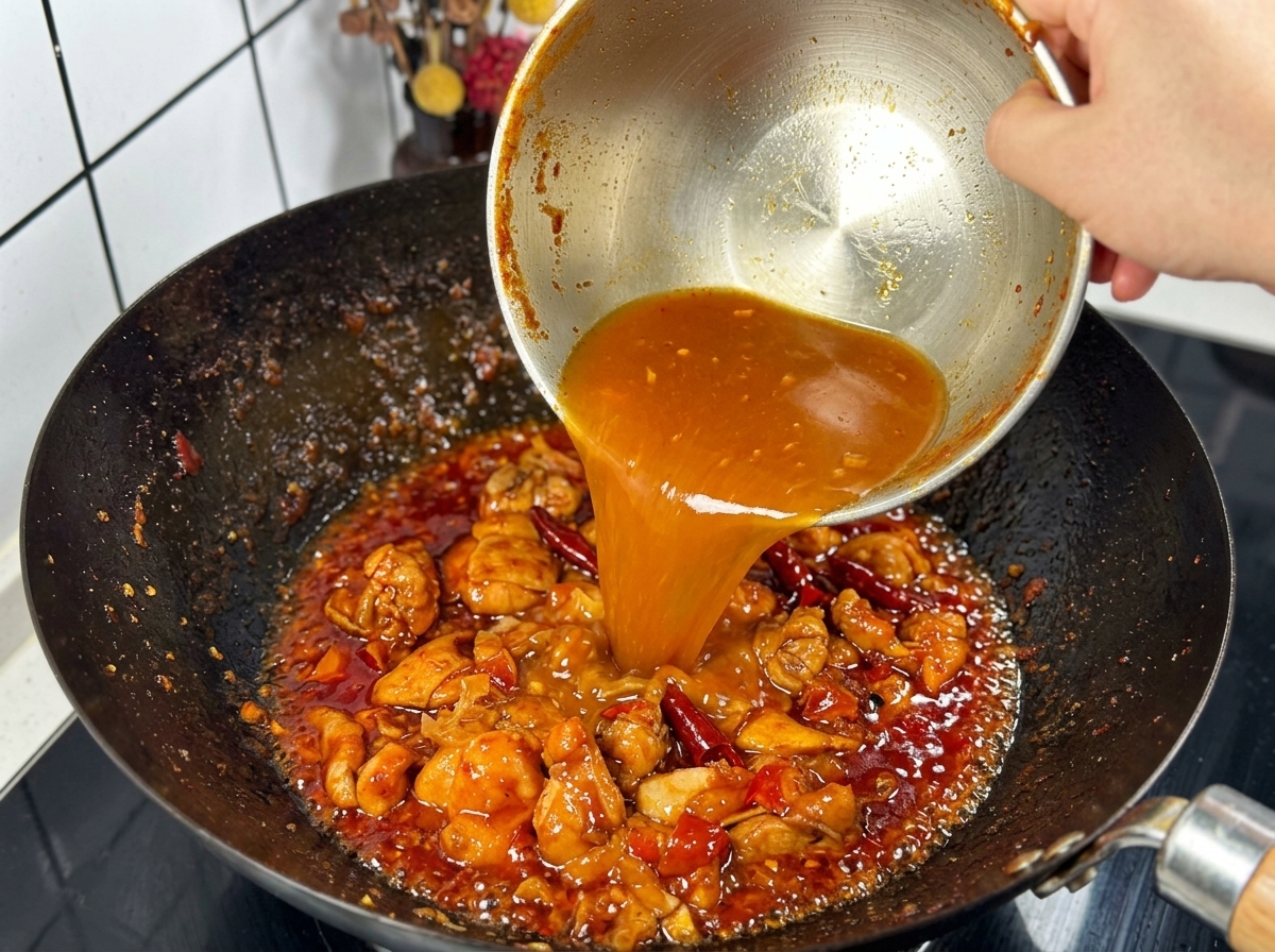 Une personne versant un liquide orange clair depuis un bol en inox dans un wok sombre contenant des morceaux de poulet sautés et des piments rouges séchés.