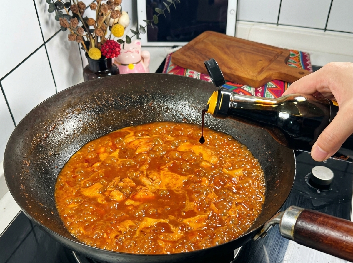 Une main versant de la sauce soja foncée depuis une bouteille en verre dans un wok bouillonnant rempli de sauce piquante au poulet.