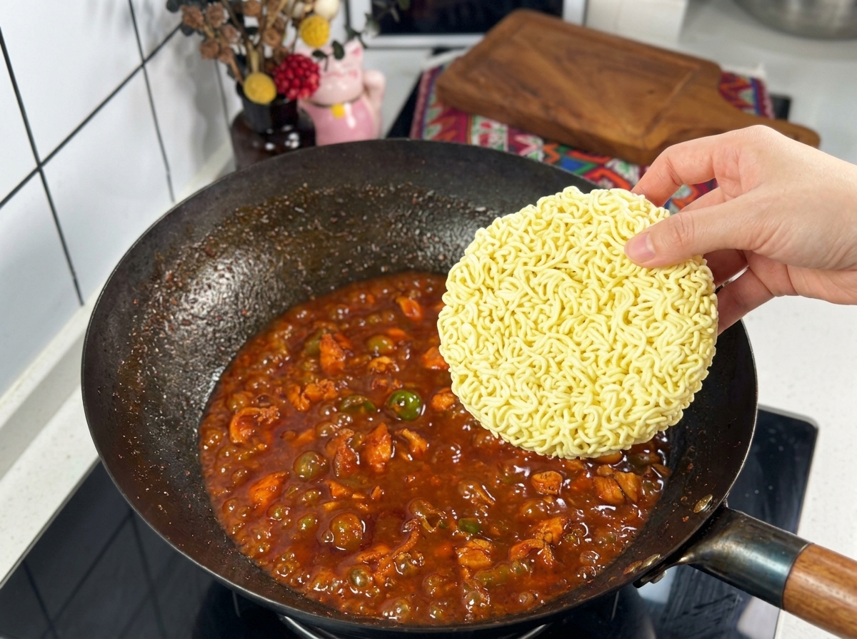 Une main tenant un bloc rond de nouilles ramen instantanées jaunes au-dessus dun wok de sauce rouge bouillonnante et de poulet.