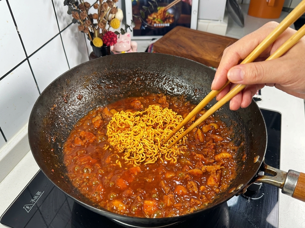 Des baguettes en bois séparant un nid de nouilles instantanées mijotant dans une sauce rouge épaisse et foncée à lintérieur dun grand wok noir.