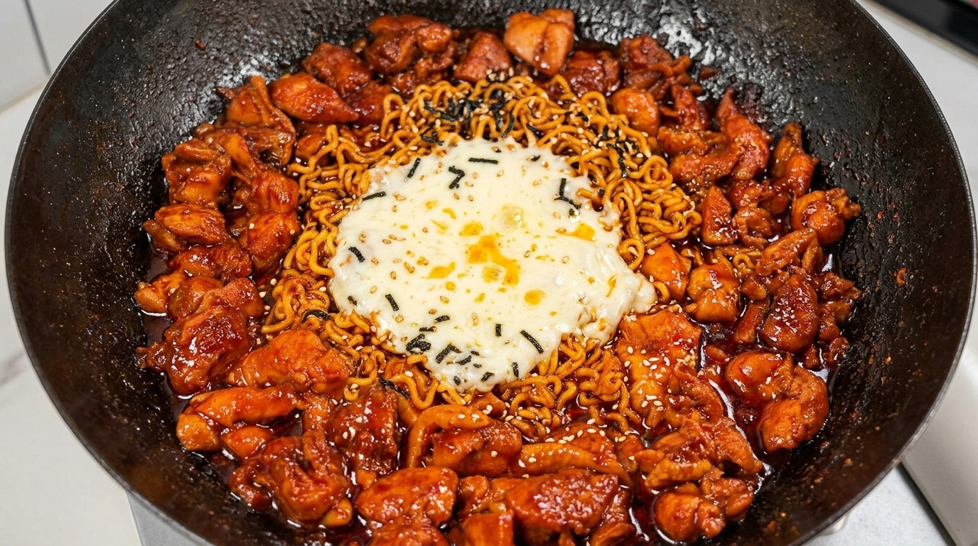 Nouilles piquantes au poulet à la coréenne et mozzarella fondante