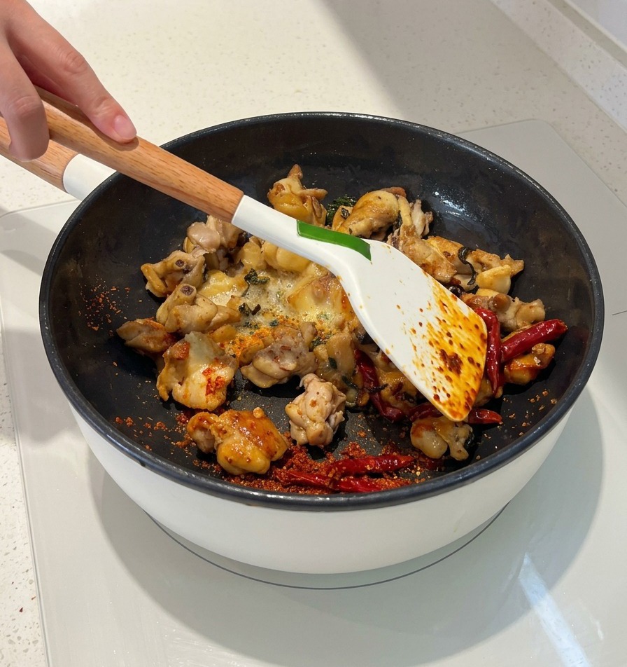 Une spatule blanche faisant sauter des morceaux de poulet, des piments séchés et de la poudre de piment, avec une huile rouge commençant à enrober les ingrédients.