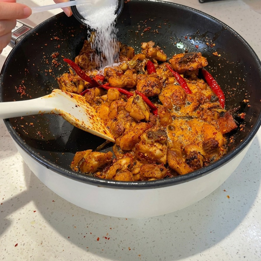 Une cuillère blanche saupoudrant du sel et du sucre sur du poulet sauté épicé et des piments rouges.