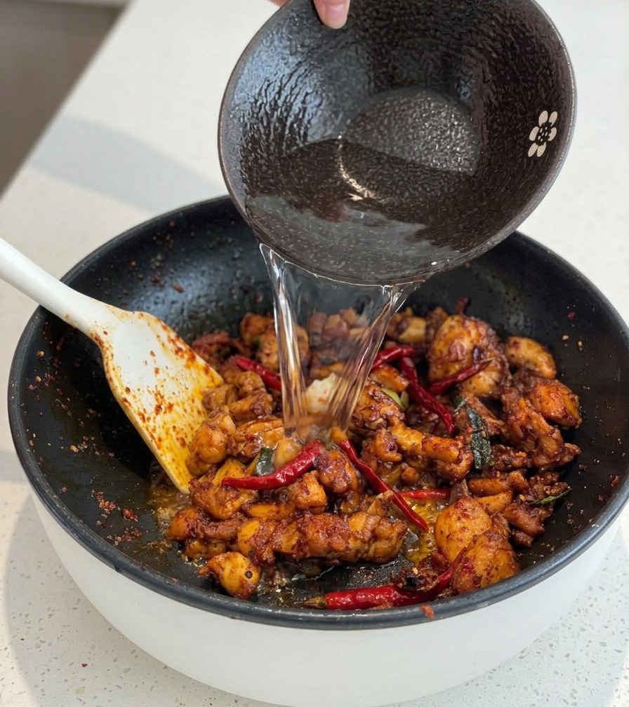 De leau versée depuis un bol noir dans une poêle contenant des morceaux de poulet rouge et épicés.