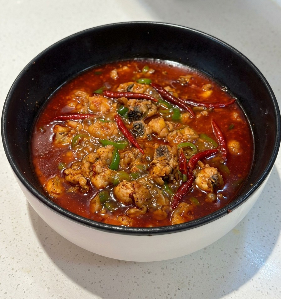 Une poêle noire remplie dun bouillon rouge épicé et bouillonnant contenant des morceaux de poulet et des oignons verts.