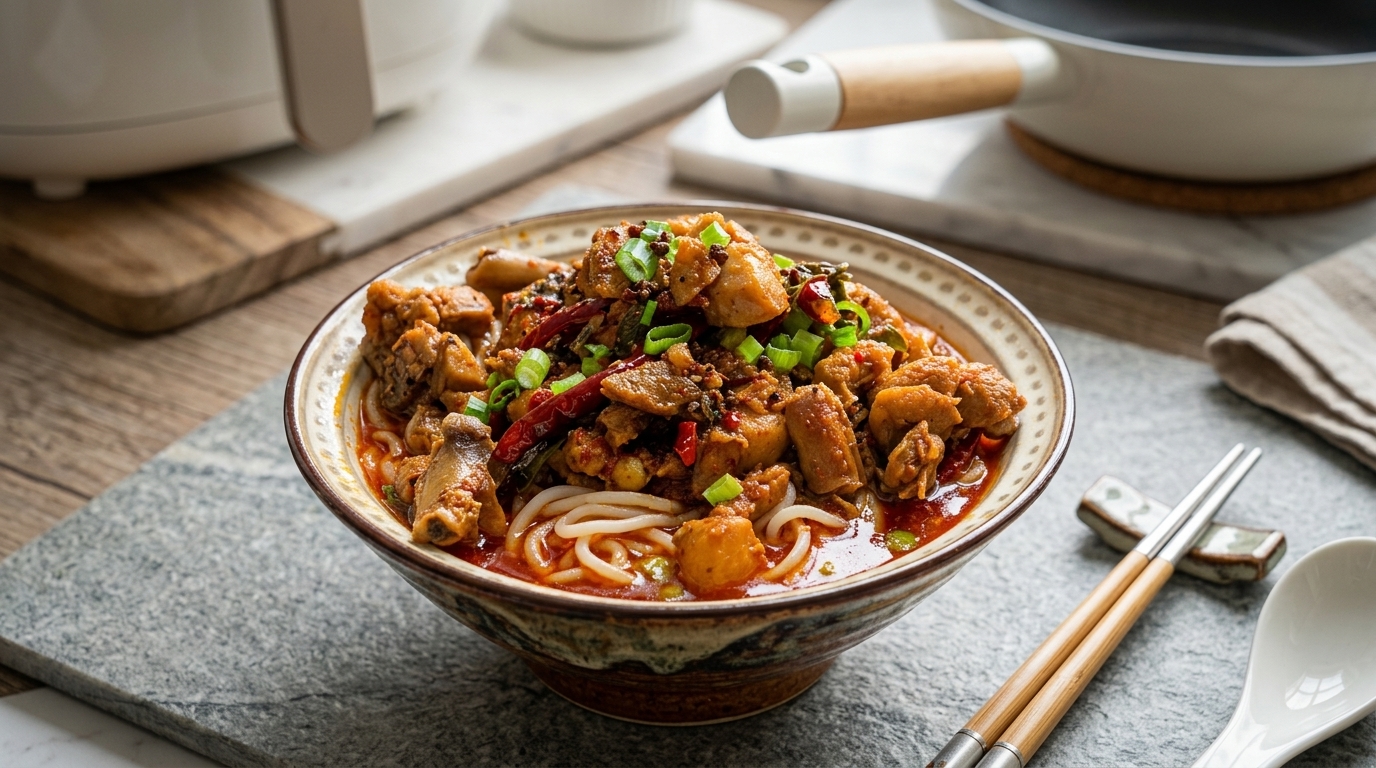 Soupe de nouilles au poulet épicé façon Sichuan