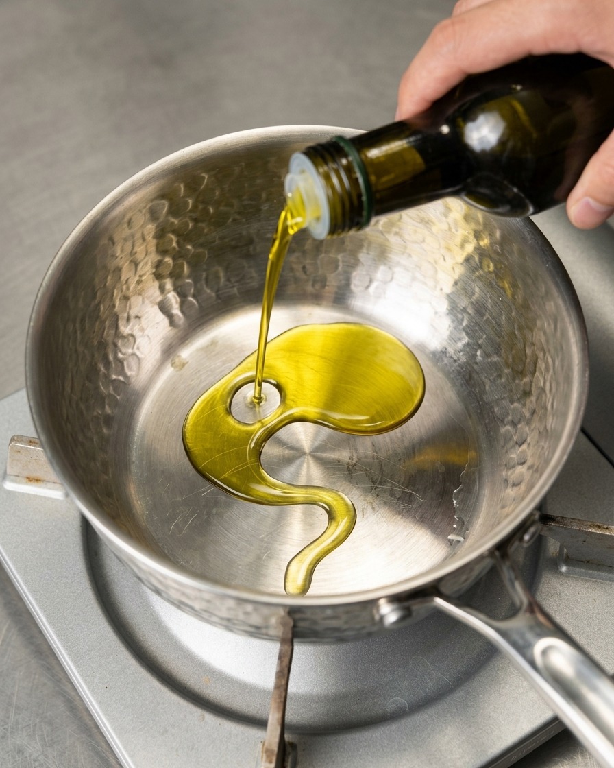 Un filet dhuile dolive vert-jaune versé depuis une bouteille en verre au centre dune marmite en acier inoxydable martelé.