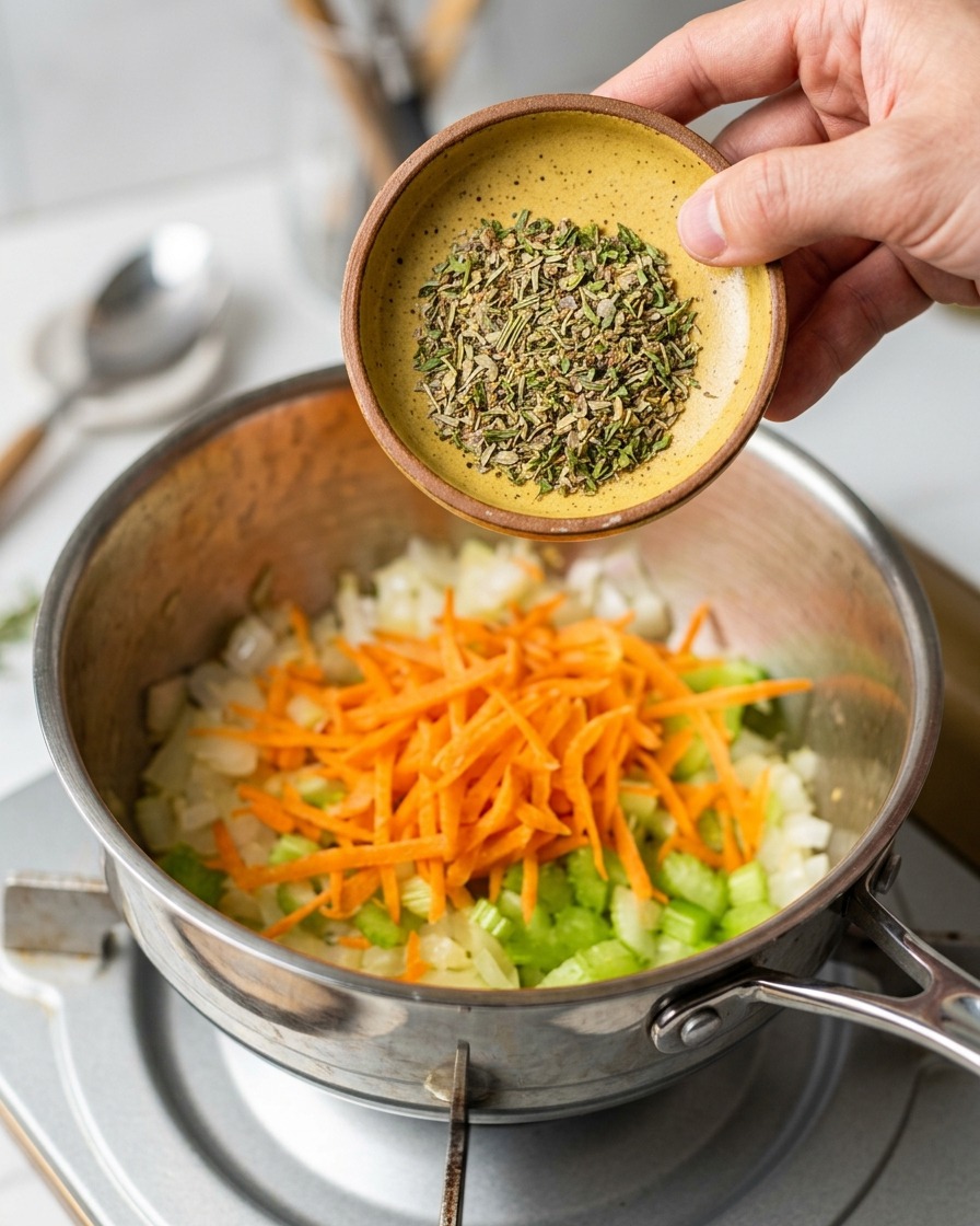 Des herbes vertes séchées versées depuis une petite soucoupe en céramique jaune dans une marmite remplie de légumes colorés sautés.