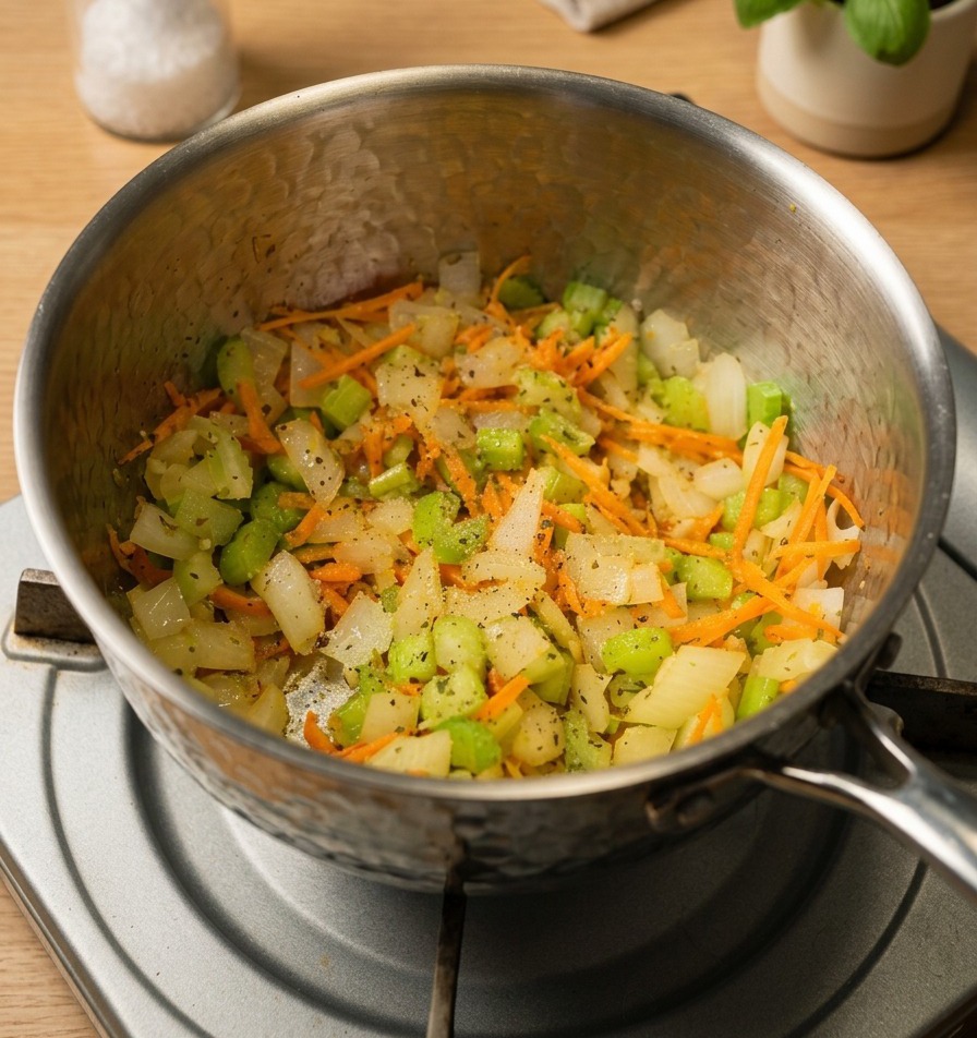 Des oignons en dés, du céleri et des carottes râpées sautés avec des herbes séchées dans une marmite en acier inoxydable.