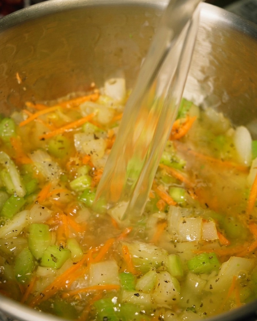 Un filet de bouillon de poulet liquide et clair versé dans une marmite contenant des carottes et du céleri sautés.