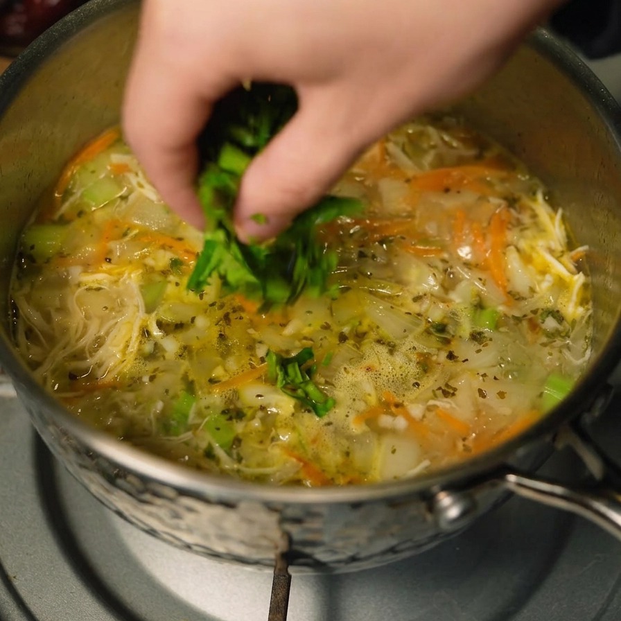 Une main parsemant de la coriandre verte hachée sur une marmite de soupe de poulet et de légumes fumante.