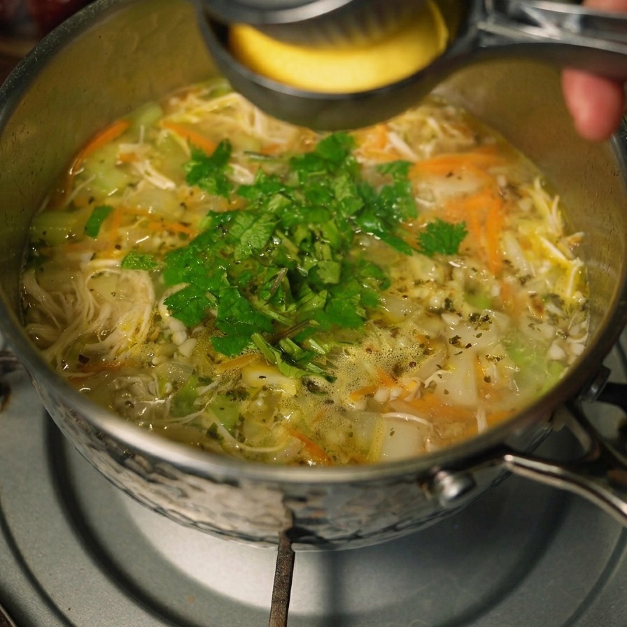 Un presse-agrume manuel en métal utilisé pour extraire le jus dun citron frais dans une marmite de soupe au poulet parsemée dherbes vertes.