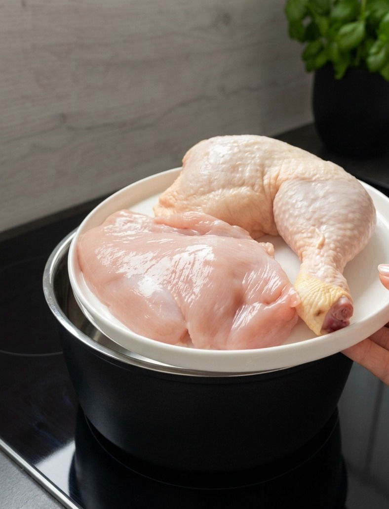 Une main tenant une assiette blanche avec du blanc et de la cuisse de poulet crus au-dessus dune marmite deau infusée dail et de laurier.