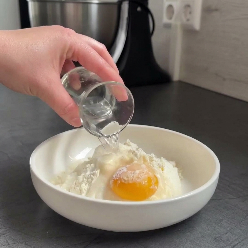 Une main versant un peu deau dun petit verre dans un bol blanc contenant un jaune dœuf, de la farine et du yaourt.