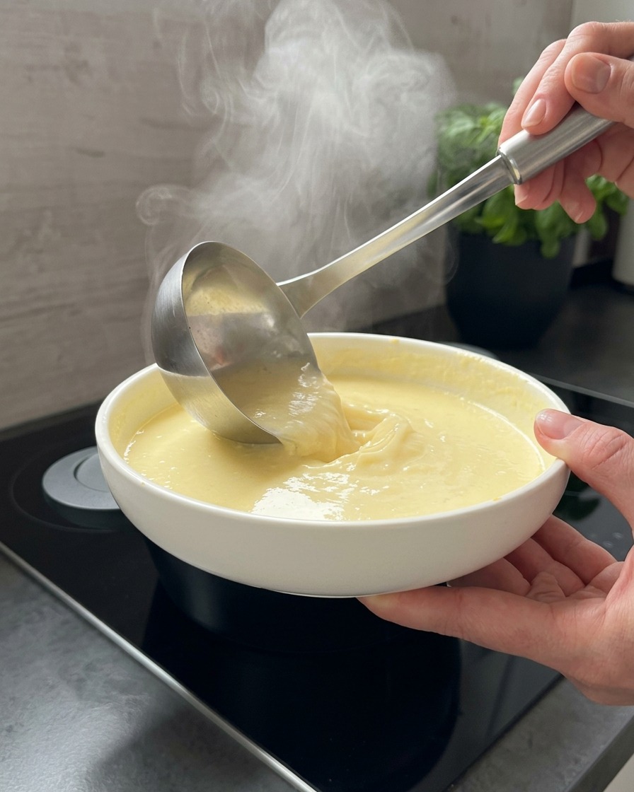 Une louche en métal versant du bouillon chaud fumant dans un bol blanc contenant la liaison au yaourt tenue par une main.