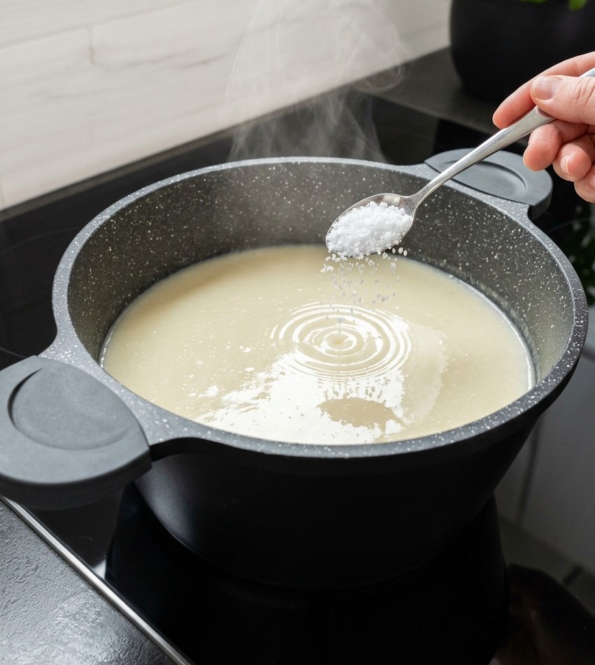 Une main tenant une cuillère en argent remplie de sel blanc au-dessus dune grande marmite de soupe au poulet crémeuse jaune clair.