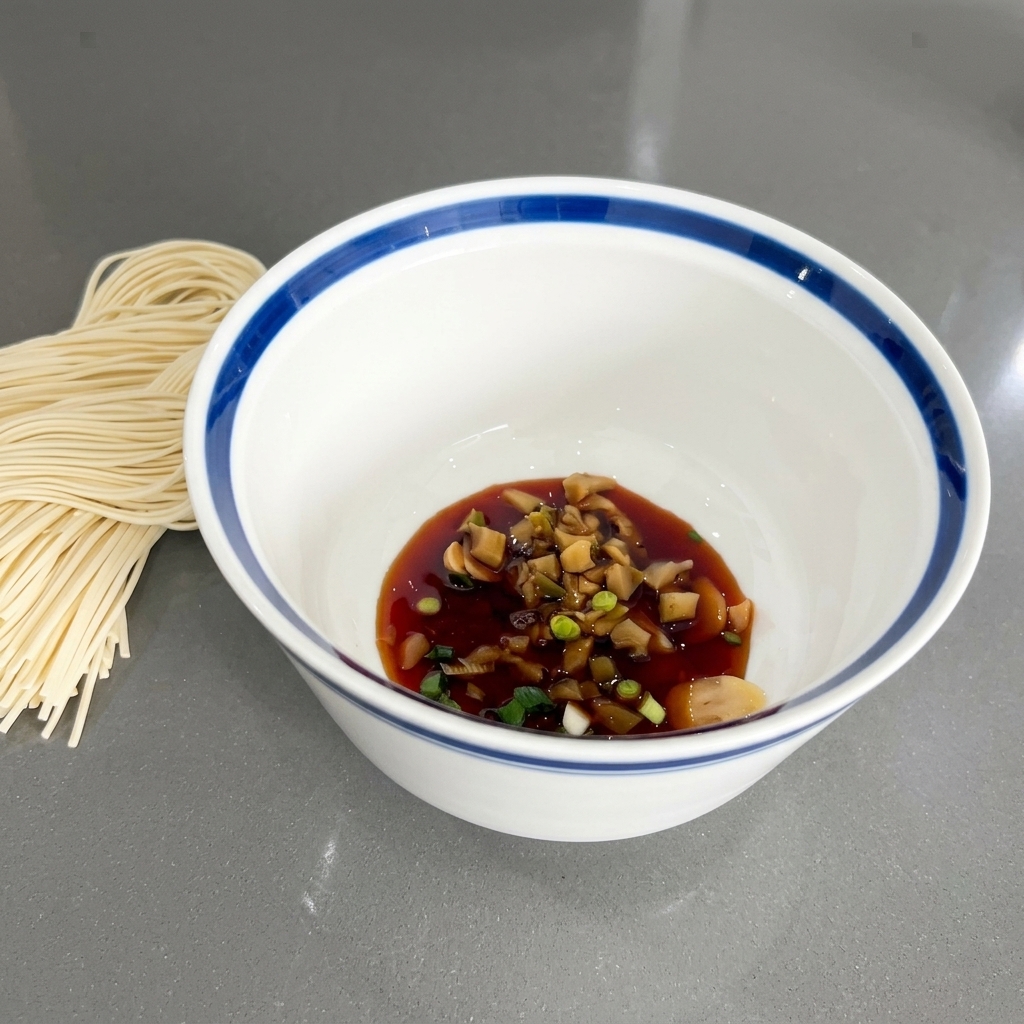 Sauce soja foncée liquide versée sur les oignons verts et les légumes saumurés dans un bol blanc.