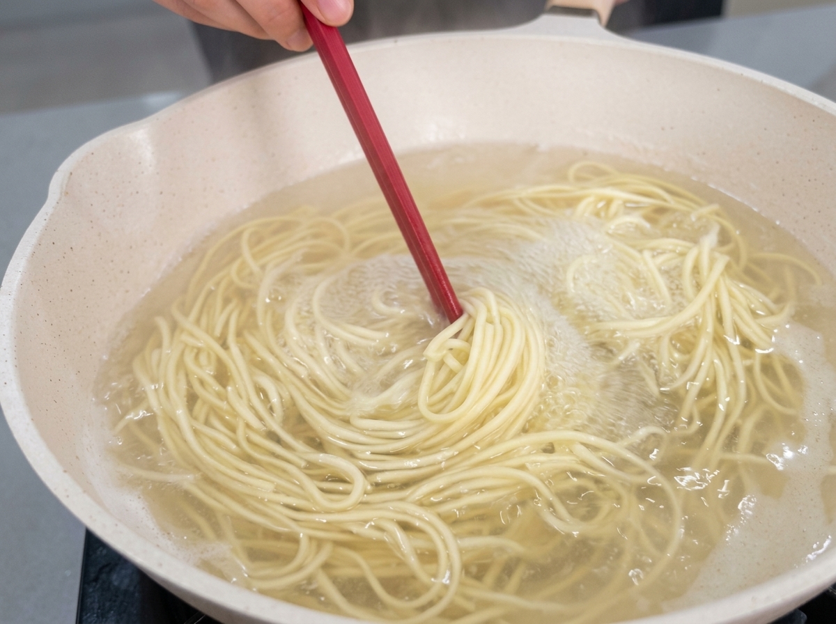 Fines nouilles blanches tourbillonnant dans une casserole deau bouillante, remuées à laide dun ustensile de cuisine rouge.