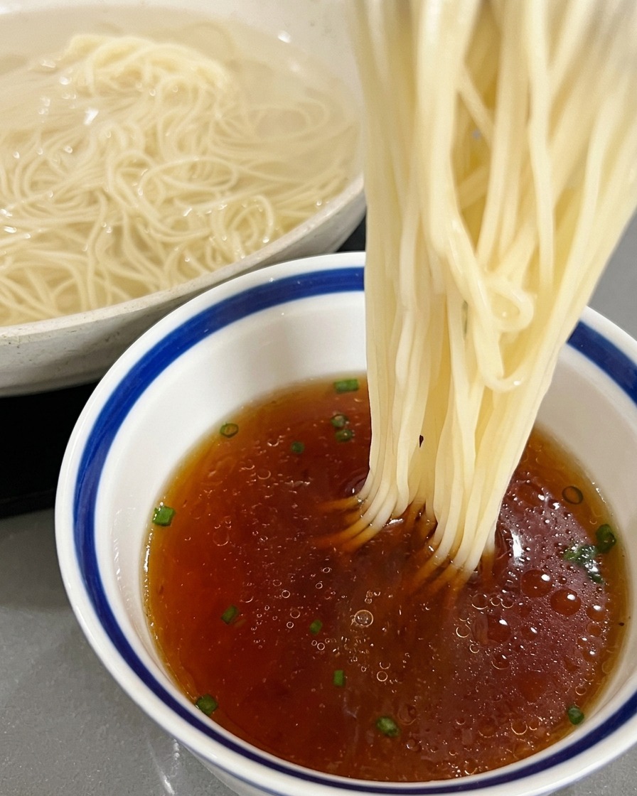 Un nid de longues nouilles blanches plongé dans un bol de bouillon ambré parsemé doignons verts.