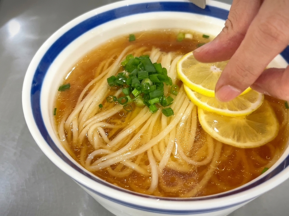 Une main déposant délicatement trois tranches de citron jaune éclatant à la surface dun bol de soupe de nouilles, à côté des oignons verts.