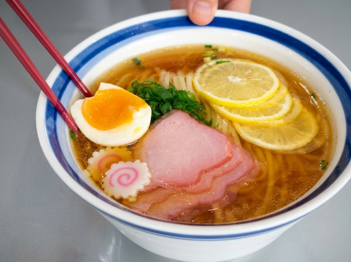 Un bol de soupe de nouilles au citron agrémenté de deux moitiés dœuf mollet au cœur orange coulant, de tranches de viande et de citron.