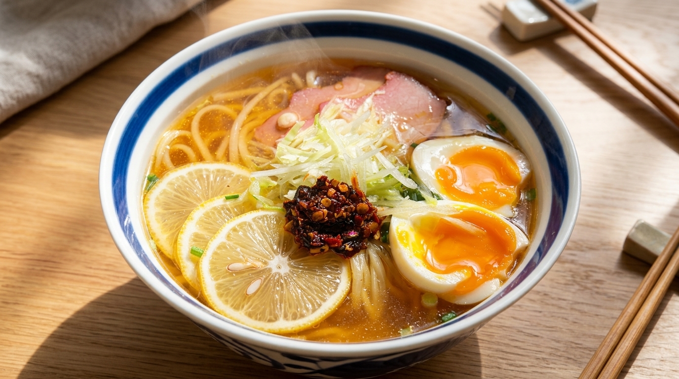 Soupe de Nouilles Acidulée au Citron et Œuf Mollet