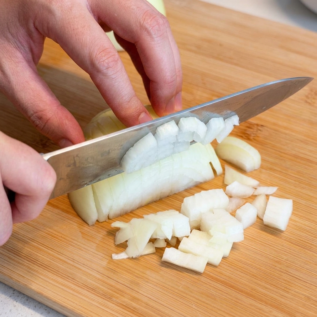 Mains utilisant un couteau de chef pour émincer un oignon blanc sur une planche à découper en bambou.