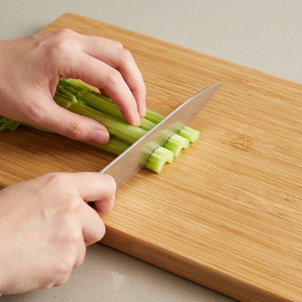 Un couteau coupant des branches de céleri vert en fines demi-lunes sur une planche en bois.