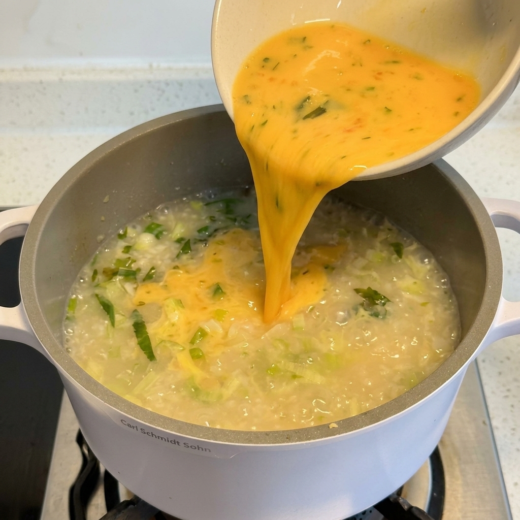 Un filet de préparation jaune aux œufs et au citron versé dun bol dans une marmite de soupe contenant du riz.