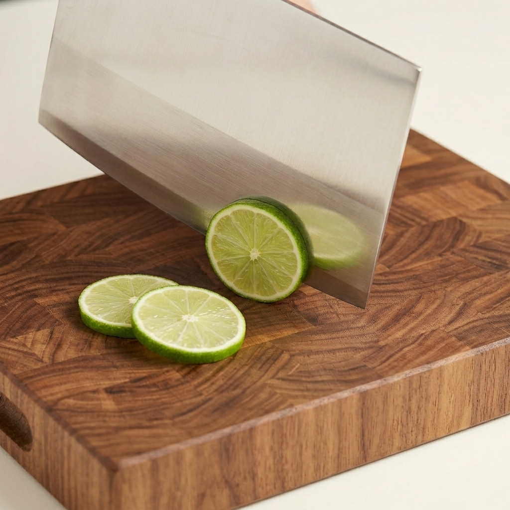 Fines tranches de citron vert parfumé coupées avec un grand couperet en métal sur une planche en bois.